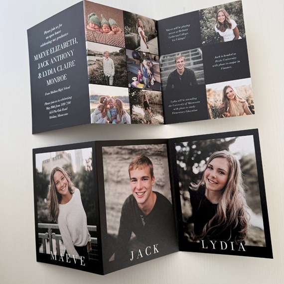 graduation invitation with photo placeholders for Maeve, Jack, and Lydia
